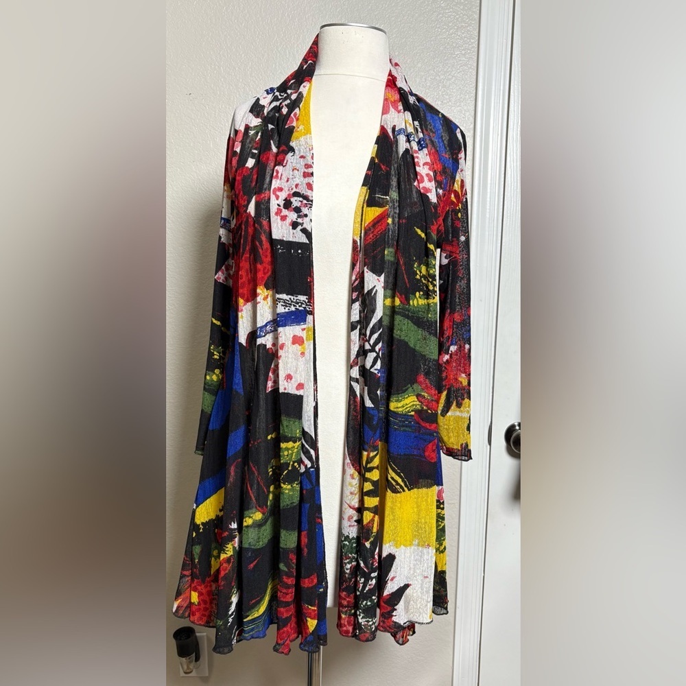 Ali Miles Sheer Mesh Long Sleeve Abstract Large Floral Print Open Front Cardigan
